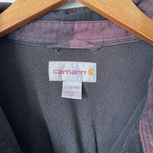 Carhartt Fleece Lined Flannel Button Up Black Maroon Long Sleeve Women's Large - Picture 10 of 11
